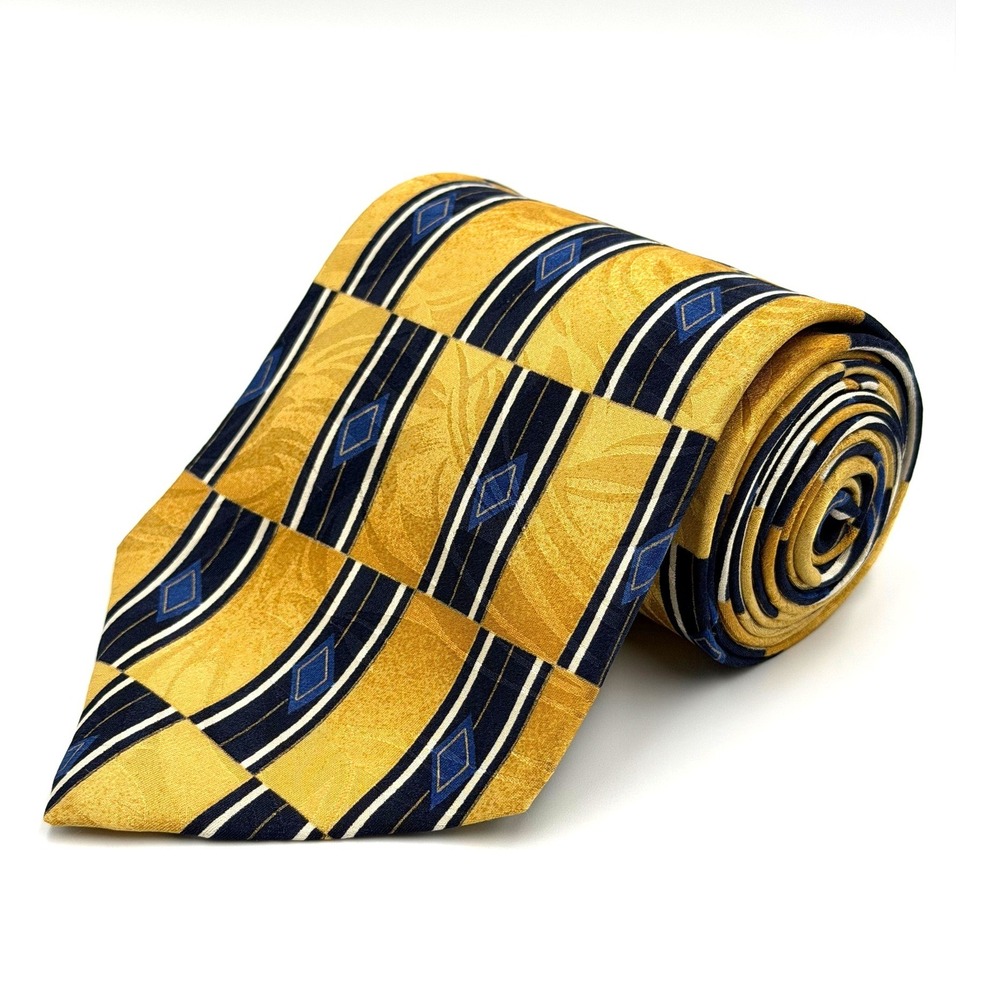 Mezzano‎ Geometric Striped Silk Gold Navy Blue Vintage Mens Tie 57"L